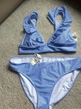 NWT Aerie Blue and White Striped Ruffle Bikini Set